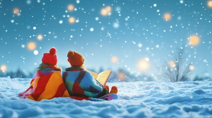 beautiful Children sitting in a snowy landscape, wrapped in colorful blankets, reading Christmas stories. The background is a solid icy blue, with twinkling snowflakes adding to the festive spirit.