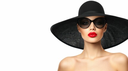 Poster - A stunning woman flaunts her bold red lips and chic black hat, exuding elegance against a crisp white backdrop.