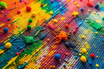 Wall Mural - colorful abstract textile artwork with rainbow pattern on textured canvas