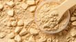 © sk.crafted - scoop of soy protein powder in clear container surrounded by loose powder showcases its fine texture and nutritional benefits. This highlights versatility of soy protein in various diets