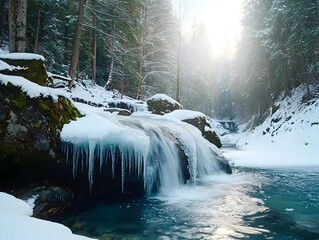 Wall Mural - A breathtaking frozen waterfall situated in the heart of a serene snowy forest with icicles hanging from the rocks and soft ethereal light shining through the towering trees