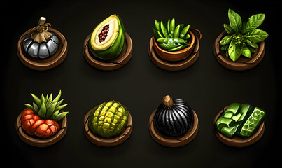 Eight  hand-drawn cartoon style icons of various  herbs and plants with dark brown backgrounds.