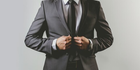 A torso shot of a businessman wearing a crisp suit and tie, set against a light gray background, showcasing professionalism and elegance in a clean and minimalist style.