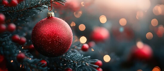 Wall Mural - A red Christmas ornament hangs on a pine tree branch with a festive bokeh background.