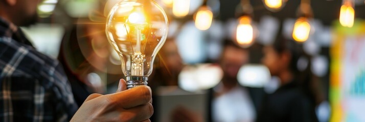 A close-up shot of a hand holding a glowing light bulb, with blurred figures of people in the background, adding depth and a sense of activity.