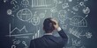 © DIMENSIONS - A young businessman grabs his head in frustration, staring at the blackboard, as unorganized ideas and sketches reflects his struggle to find direction in his thoughts.