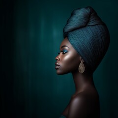 closeup woman turban head teal skinned amazing inspiring lighting black supremacy shoulders one thin lustrous hair