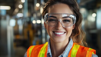 Female engineer's face, wearing clear safety glasses and a high-visibility safety uniform