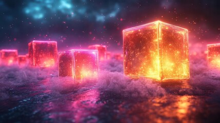 abstract neon cubes floating in a surreal space illuminated by vibrant colors and dynamic lighting the 3d composition creates an immersive experience inviting exploration in a digital universe