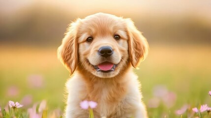 Wall Mural - A golden retriever puppy in a field of wildflowers, gazing curiously with big eyes, framed by a stunning sunset.