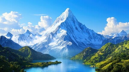 Sticker - A stunning, lifelike shot of a grand mountain covered in snow, reflecting perfectly on a serene lake.