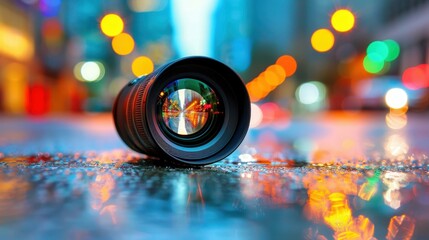 Wall Mural - A closeup of a camera lens capturing a rainy cityscape, with soft bokeh lights enhancing the photography vibe.