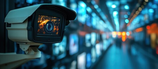 Security camera mounted on a wall with a blurry background of a row of screens.