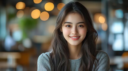 asian girl working at an office desk her bright smile radiating positivity the background is a blend of modern design elements creating an inviting and productive workspace filled with innovation