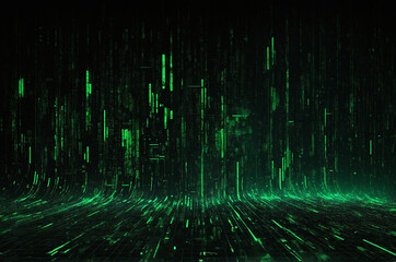 Wall Mural - digital matrix-inspired background featuring cascading green code on a black backdrop, with glowing 