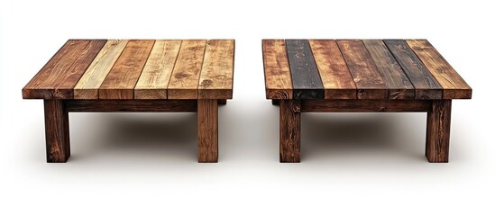 Two rustic wooden coffee tables with natural wood grain and different stain colors.