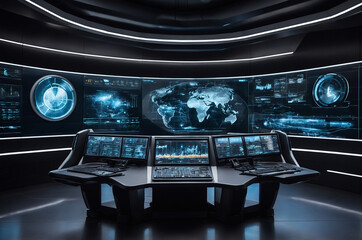 Wall Mural - futuristic control room background with illuminated screens and interfaces displaying real-time data
