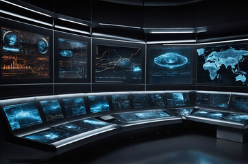 Wall Mural - futuristic control room background with illuminated screens and interfaces displaying real-time data