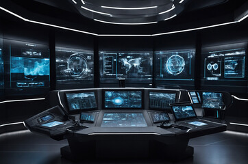 Wall Mural - futuristic control room background with illuminated screens and interfaces displaying real-time data
