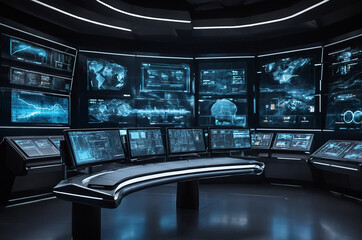 Wall Mural - futuristic control room background with illuminated screens and interfaces displaying real-time data