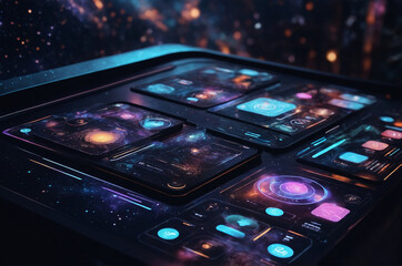 Futuristic interface design showcasing holographic buttons and menus, set against a dark, starry background with ethereal glows and dynamic animations.
