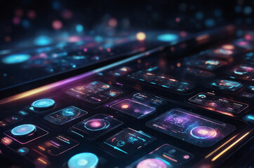 Wall Mural - futuristic interface design showcasing holographic buttons and menus, set against a dark, starry bac
