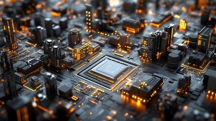 3d illustration of futuristic micro chip city. Computer science information technology background. Sci fi megalopolis. 