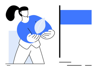 Person holding a leaf while wearing blue. Clean lines and flat colors. Ideal for environmental initiatives, sustainability campaigns, eco-friendly products, nature conservation, and minimalist design