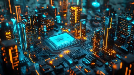 3d illustration of futuristic micro chip city. Computer science information technology background. Sci fi megalopolis. 