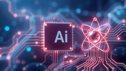 Computer chip and abstract digital atom icon on technology background. Science tech bg. Circuit light lines and CPU processor. Artificial Intelligence innovation concept. 3D wireframe illustration.