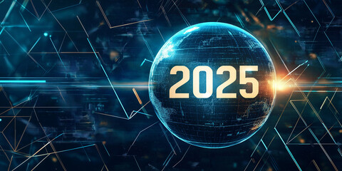 Aufkleber - Year 2025 displaying on rotating globe with futuristic data connection lines