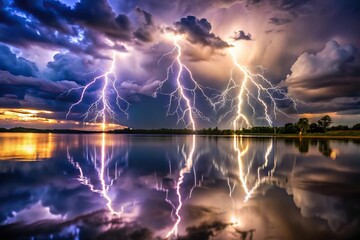 Wall Mural - lightning storm reflecting in water during the afternoon