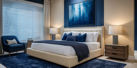 This modern bedroom showcases a blue navy accent wall and matching decor