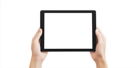 Poster - Hands holding digital tablet with blank screen on white background