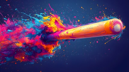 Baseball bat hitting a ball with splashes of vivid neon paint, creating an energetic design perfect for bold, sports-inspired t-shirt graphics