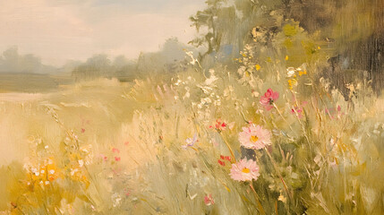 Victorian Meadow Serenity, an oil painting depicting a tranquil English meadow adorned with wildflowers, influenced by Sargent and Tissot's styles.