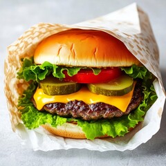 Juicy cheeseburger with lettuce, tomato, and pickles, close-up, urban background, night scene