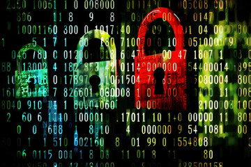 Wall Mural - cyber security concept. red digital padlock. digital data safety and encryption on a data stream.