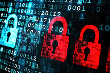 Wall Mural - cyber security concept. red digital padlock. digital data safety and encryption on a data stream.