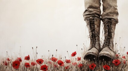 Wall Mural - Clean white backdrop with a soldier boots and a subtle field of red poppies, blending sacrifice with remembrance.