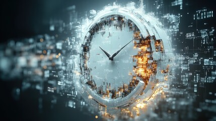 A futuristic clock with glowing digital code and a clock face with hands, against a dark blue and grey background.
