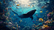 © MakeitEasy - Dreamy Underwater Realm, vibrant marine life dances in deep blue waters, featuring playful dolphins and majestic killer whales, enchanting aquatic scene.