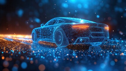 a futuristic car made of glowing lines and points of light driving on a digital road.