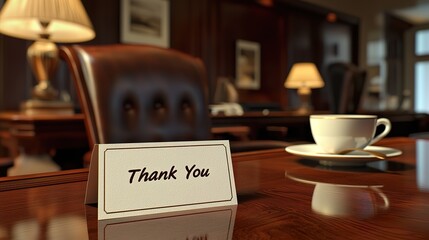 A cozy office setting with a Thank You sign on a table next to a coffee cup, exuding warmth and appreciation.