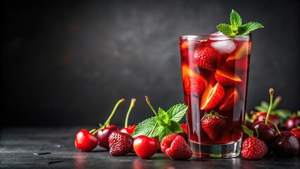 Low angle closeup of fruity beverage with strawberries and cherries on dark backdrop