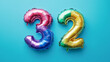 © KotBaton - Rainbow foil balloon number thirty-two. Top view. Colored number on blue background.