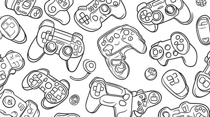 Seamless Line Art Pattern of Video Game Controllers on White Background