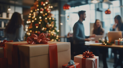 office secret santa scene with presents wrapped in red and white ribbons and festive christmas tree,