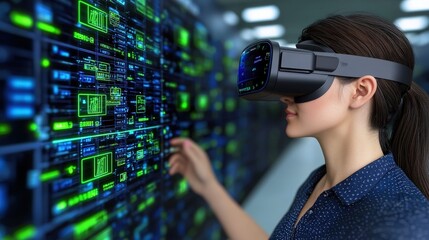 Wall Mural - Woman using VR headset with futuristic holographic interface for shopping