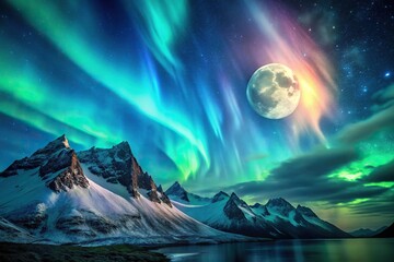 Wall Mural - low angle landscape with moon and clouds aurora borealis over the mountains